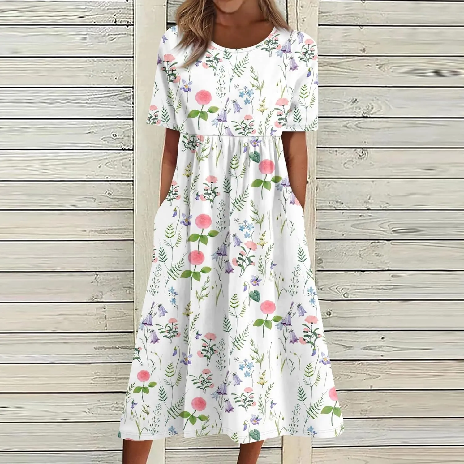 Summer Dresses for Women 2025 Casual Short Sleeve Scoop Neck Print Swing Beach Boho Tshirt Dress with Pockets