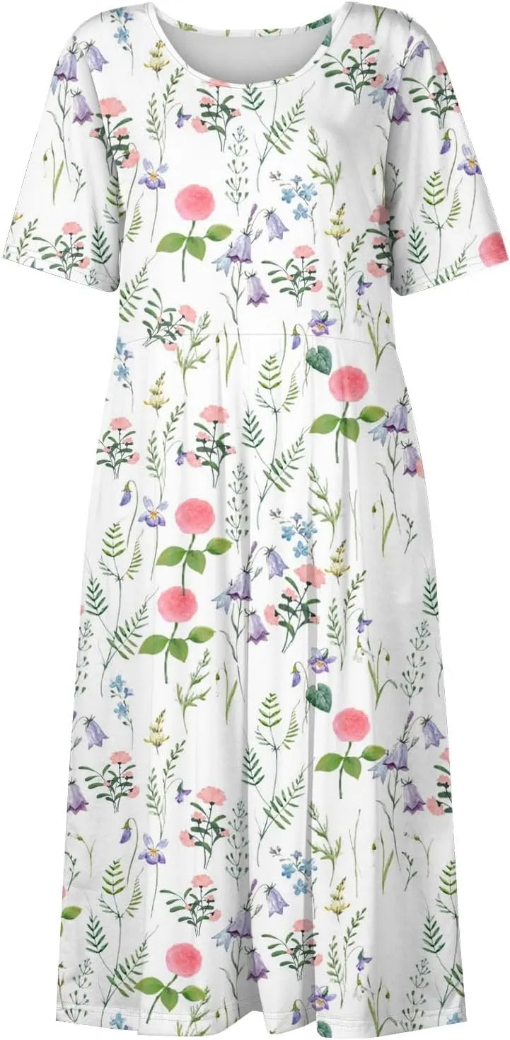 Summer Dresses for Women 2025 Casual Short Sleeve Scoop Neck Print Swing Beach Boho Tshirt Dress with Pockets