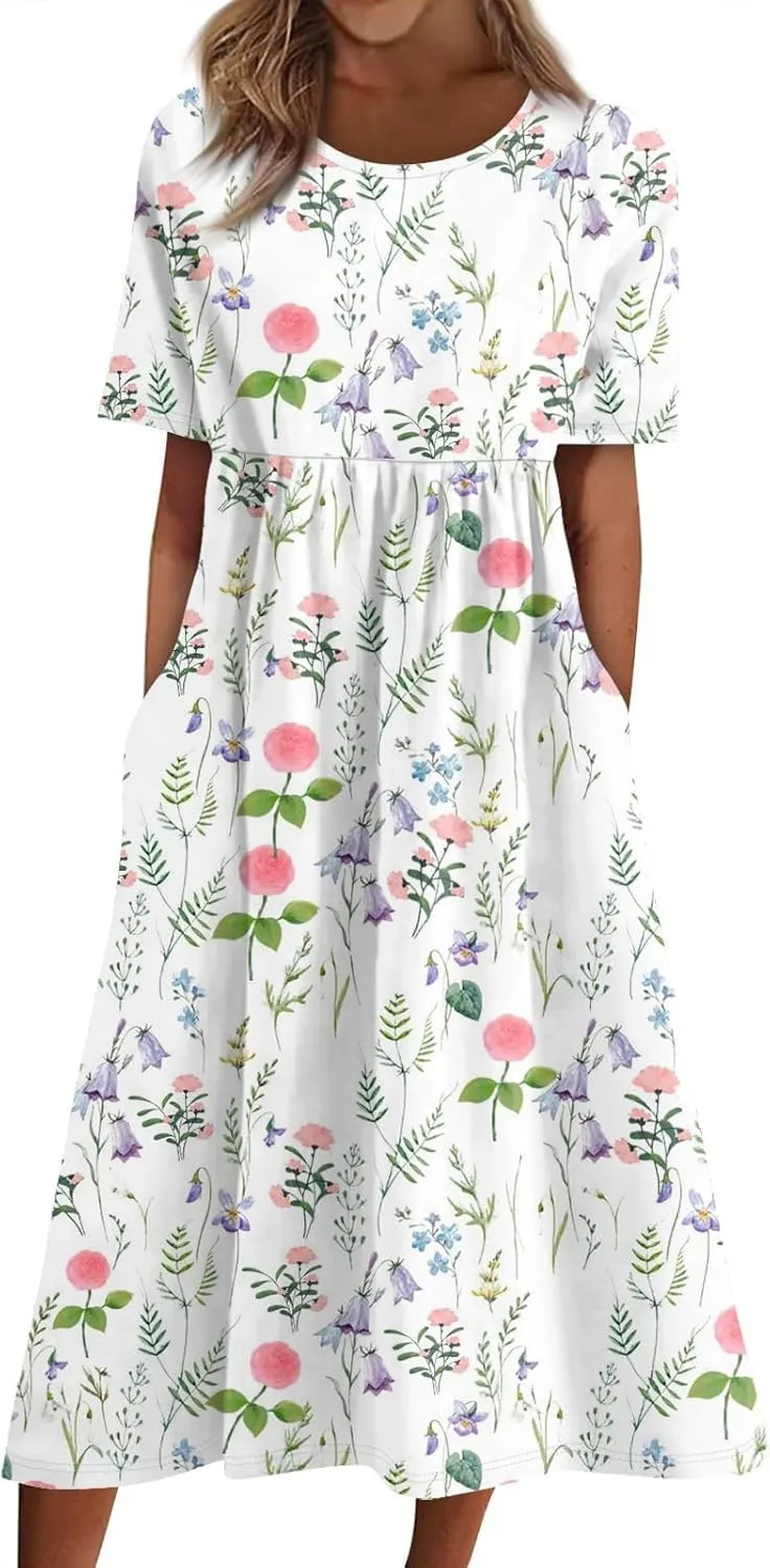 Summer Dresses for Women 2025 Casual Short Sleeve Scoop Neck Print Swing Beach Boho Tshirt Dress with Pockets