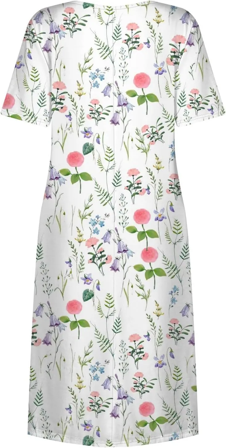 Summer Dresses for Women 2025 Casual Short Sleeve Scoop Neck Print Swing Beach Boho Tshirt Dress with Pockets
