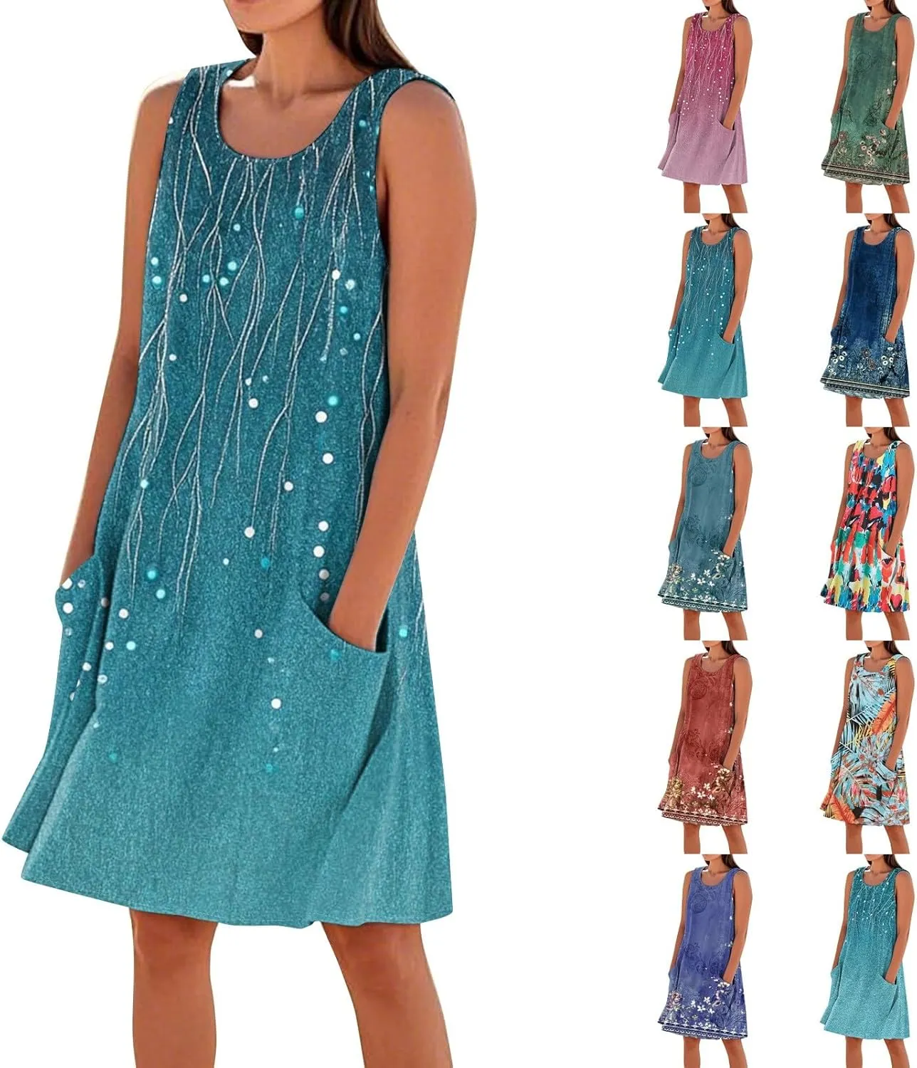 Summer Dresses for Women 2025 Crewneck Sleeveless Cotton Linen Tank Dress Beach Vacation Sundresses with Pockets