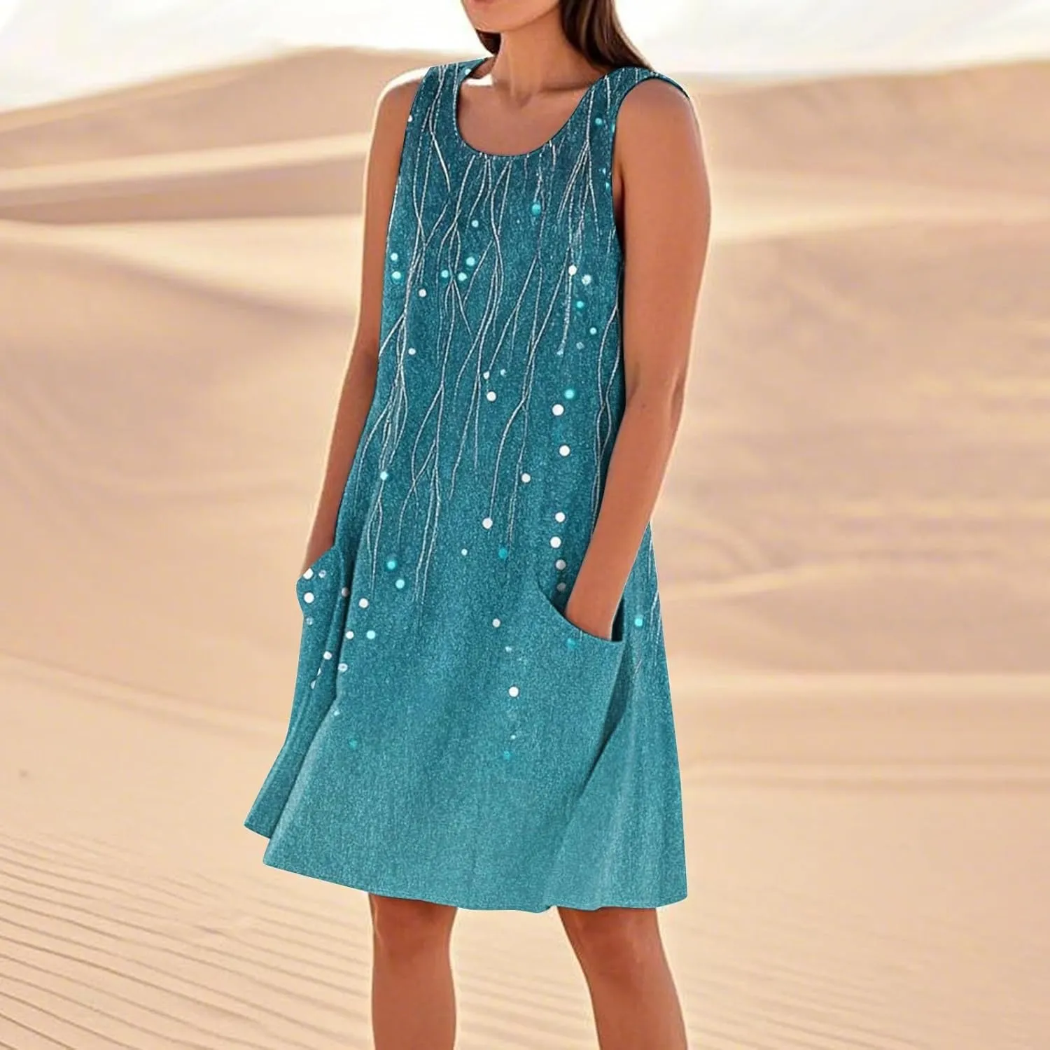 Summer Dresses for Women 2025 Crewneck Sleeveless Cotton Linen Tank Dress Beach Vacation Sundresses with Pockets