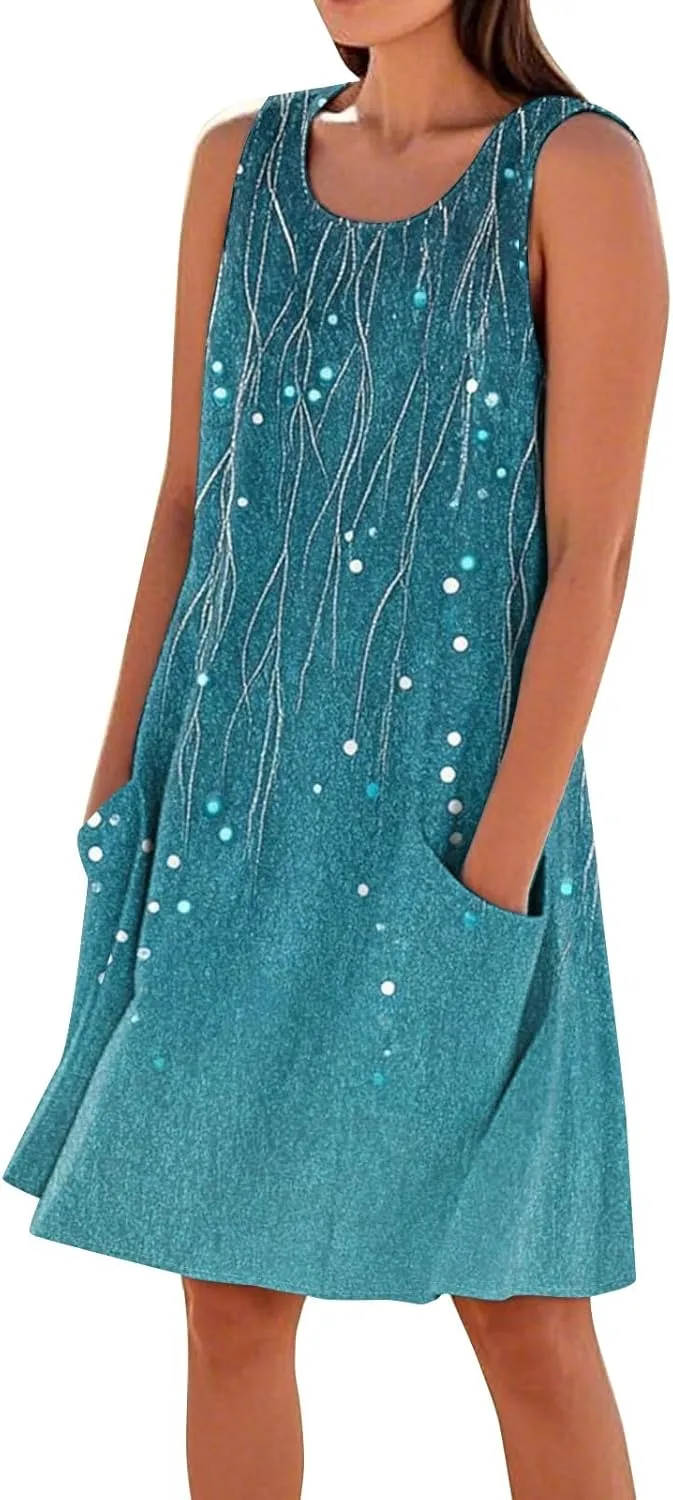 Summer Dresses for Women 2025 Crewneck Sleeveless Cotton Linen Tank Dress Beach Vacation Sundresses with Pockets