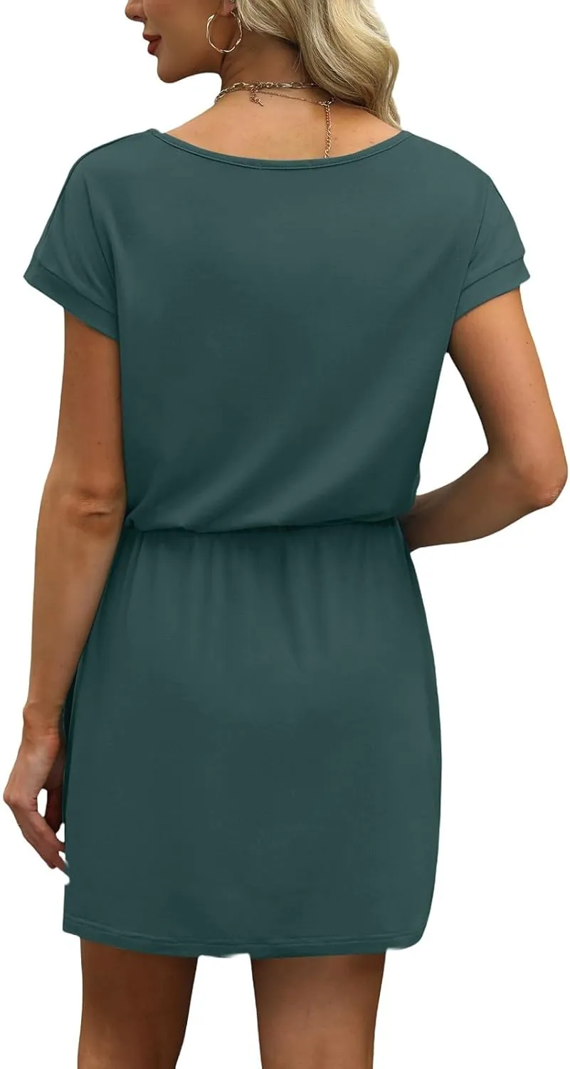 T Shirt Dresses for Women 2025 Short Sleeve V Neck Cinch Waist Dress Summer Mini Dress Casual Sundresses with Pockets