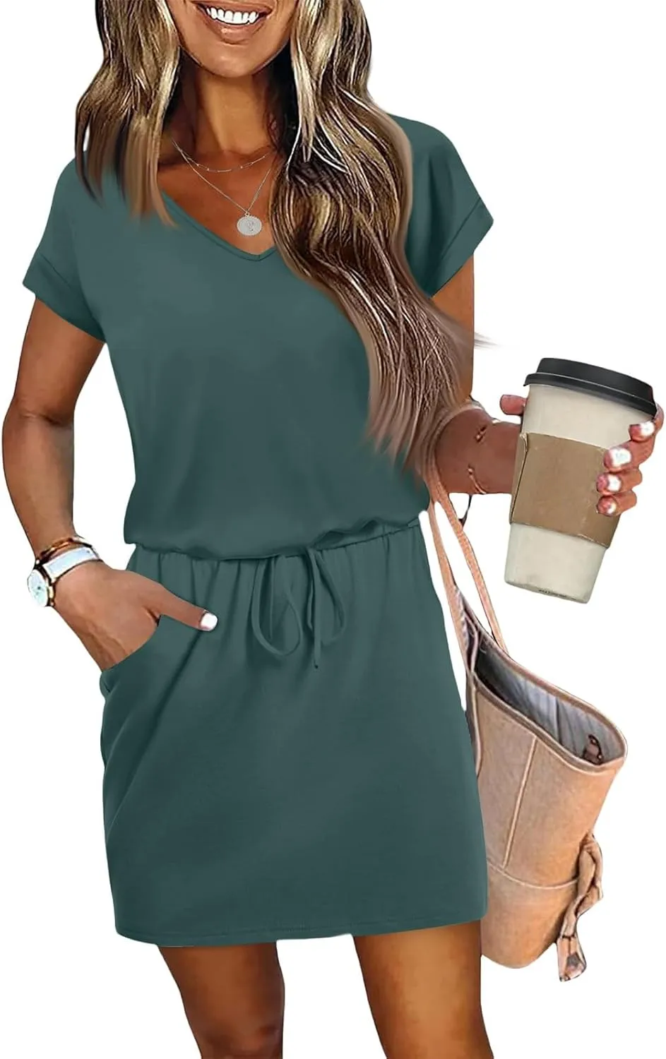 T Shirt Dresses for Women 2025 Short Sleeve V Neck Cinch Waist Dress Summer Mini Dress Casual Sundresses with Pockets