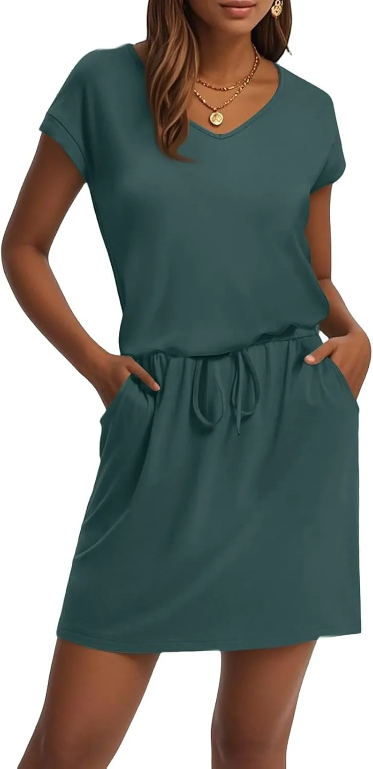 T Shirt Dresses for Women 2025 Short Sleeve V Neck Cinch Waist Dress Summer Mini Dress Casual Sundresses with Pockets