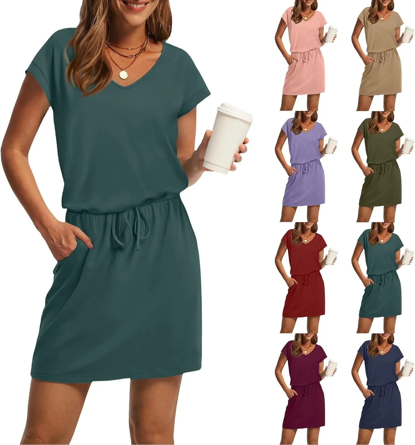 T Shirt Dresses for Women 2025 Short Sleeve V Neck Cinch Waist Dress Summer Mini Dress Casual Sundresses with Pockets