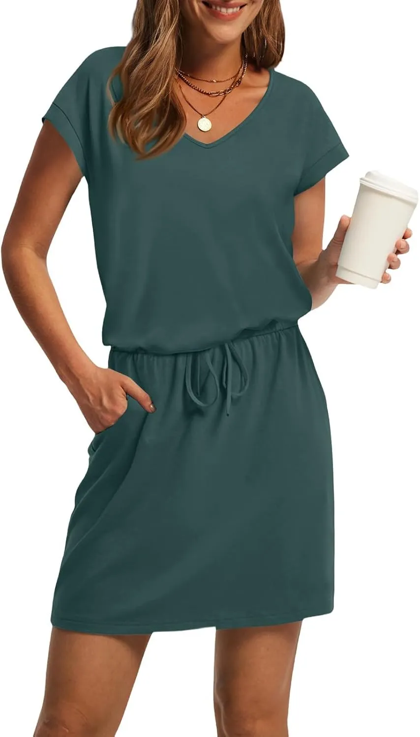T Shirt Dresses for Women 2025 Short Sleeve V Neck Cinch Waist Dress Summer Mini Dress Casual Sundresses with Pockets