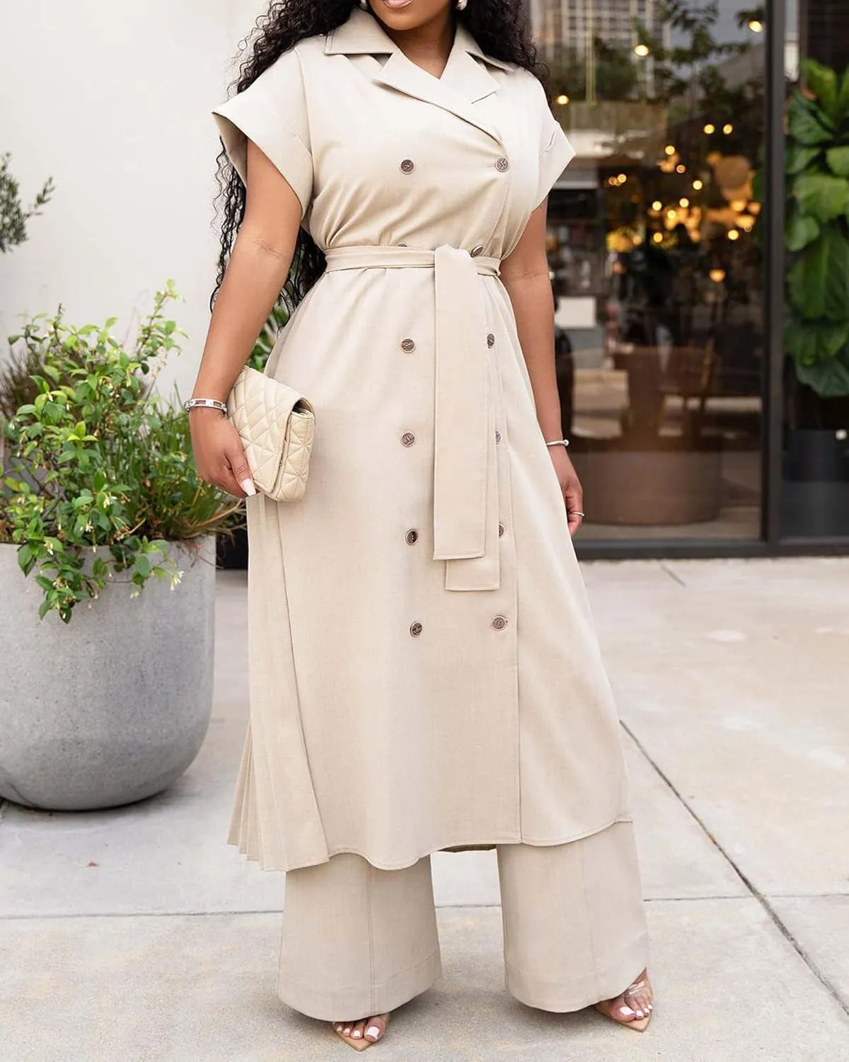 Tbahhir Women's Casual Jacket Outfits 2 Piece Pants Sets Pleated Long Cardigan Wide Leg Baggy Trousers Business Suit
