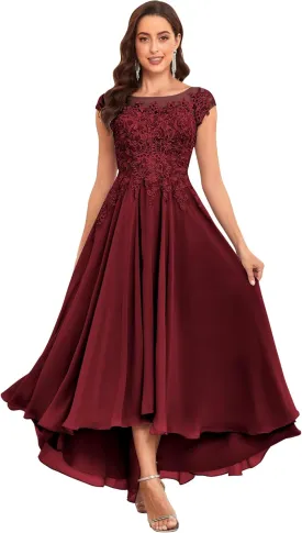 Tea Length Mother of The Bride Dresses for Women Wedding Cap Sleeves Lace Foral Formal Dress with Pockets