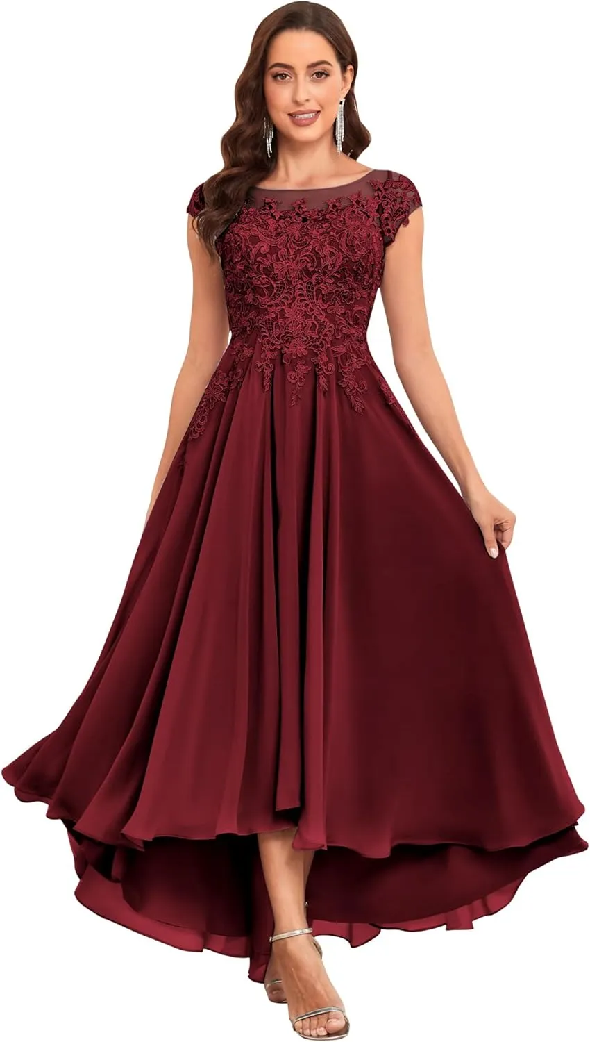Tea Length Mother of The Bride Dresses for Women Wedding Cap Sleeves Lace Foral Formal Dress with Pockets