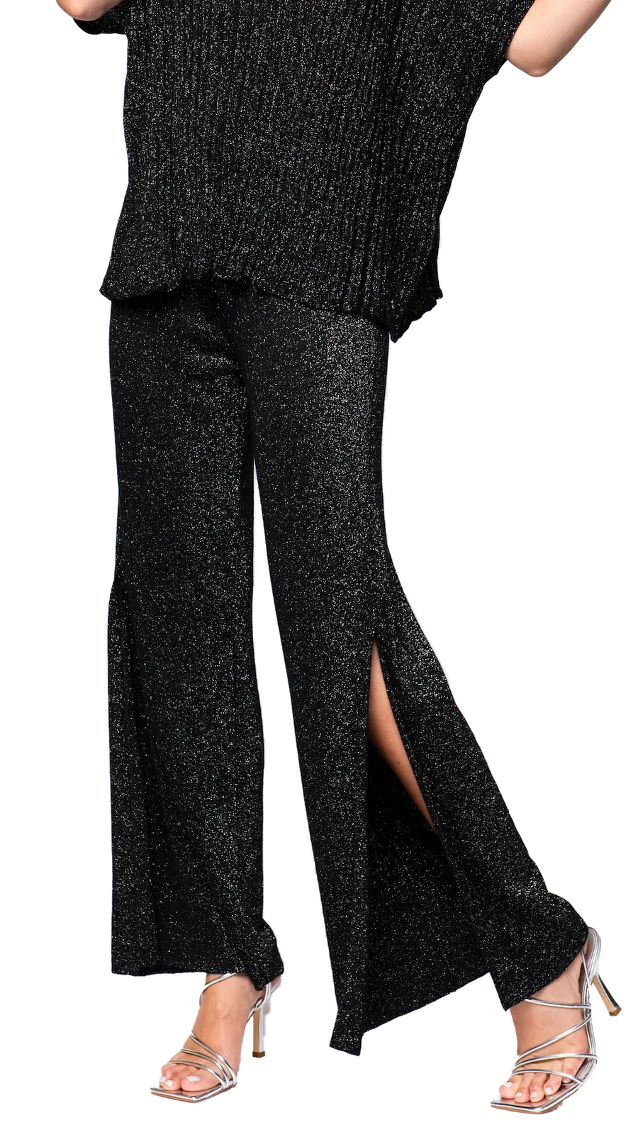 Thalia Wide Leg Shimmery Pant with a Slit - Black Shimmer