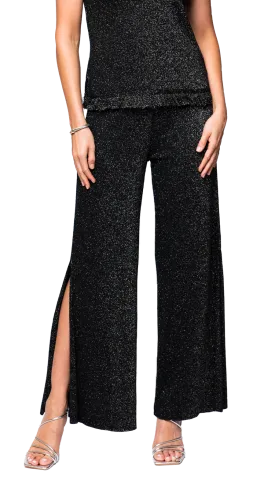 Thalia Wide Leg Shimmery Pant with a Slit - Black Shimmer
