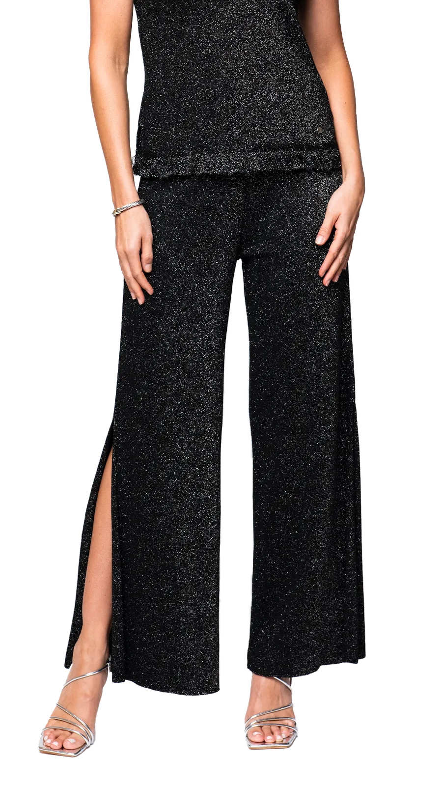 Thalia Wide Leg Shimmery Pant with a Slit - Black Shimmer