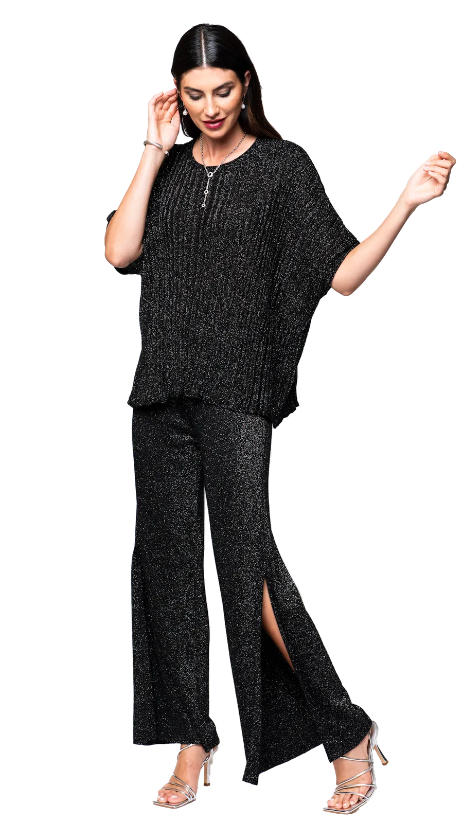 Thalia Wide Leg Shimmery Pant with a Slit - Black Shimmer