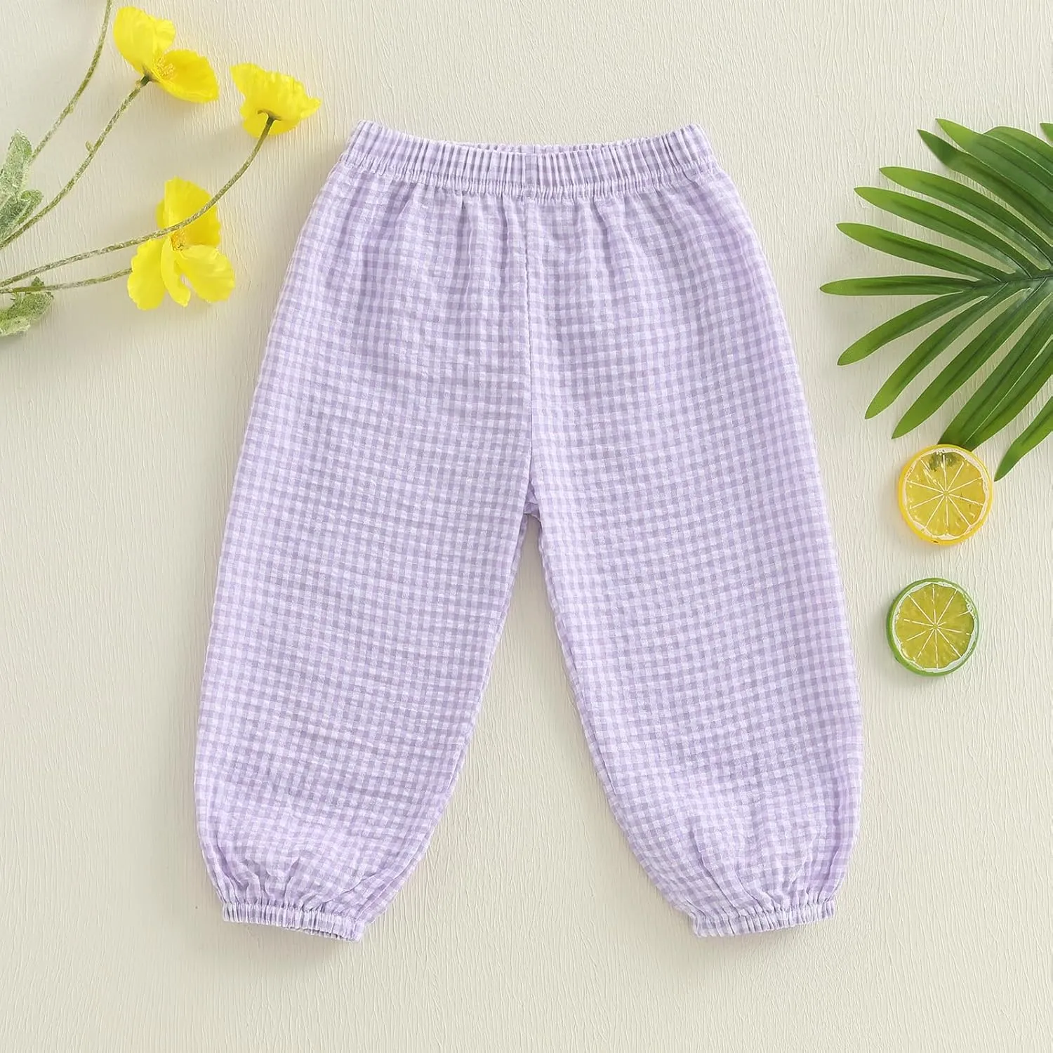 Toddler Baby Girl Boy Cotton Linen Pants Plaid Elastic Jogger Gingham Lantern Long Pants Summer Fall Harem Pants
