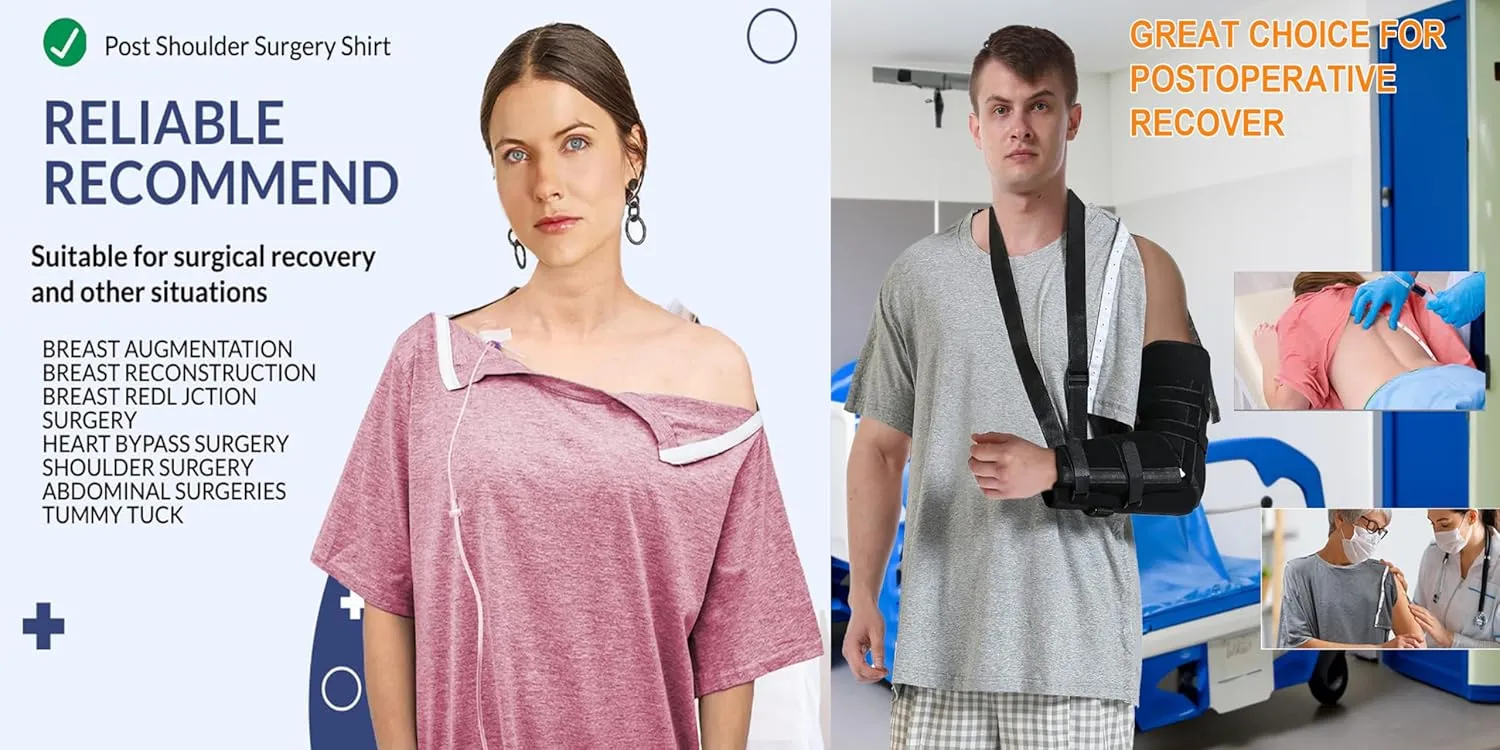Unisex Post Shoulder Surgery Shirts for Men Rotator Cuff Chest Recovery Shirt Women Full Snap Access Dialysis Chemo Clothing