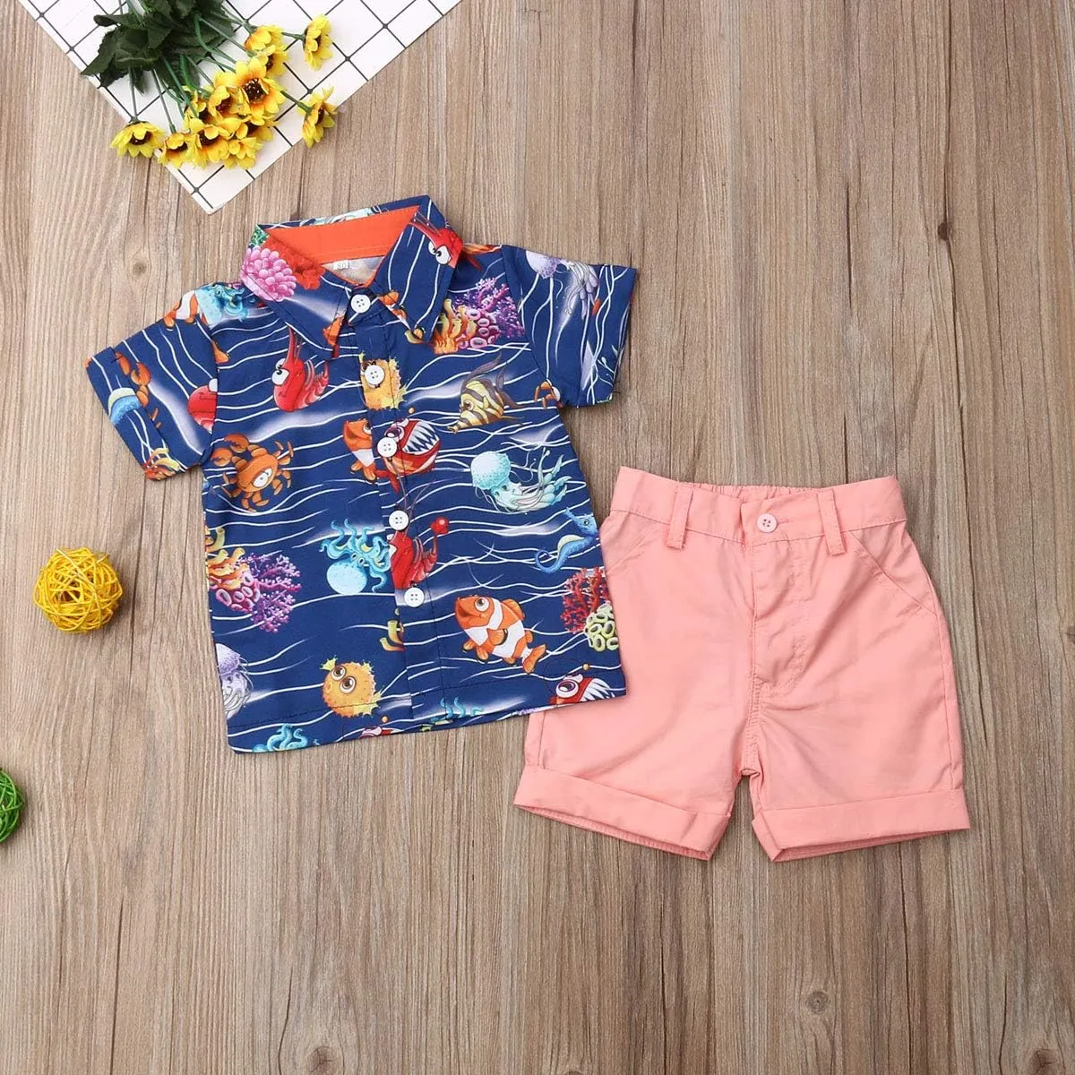 VISGOGO Toddler Baby Boy Flamingo Short Sleeve Button Down Shirt & Casual Shorts Set Summer Outfits 1-6 Years Clothes