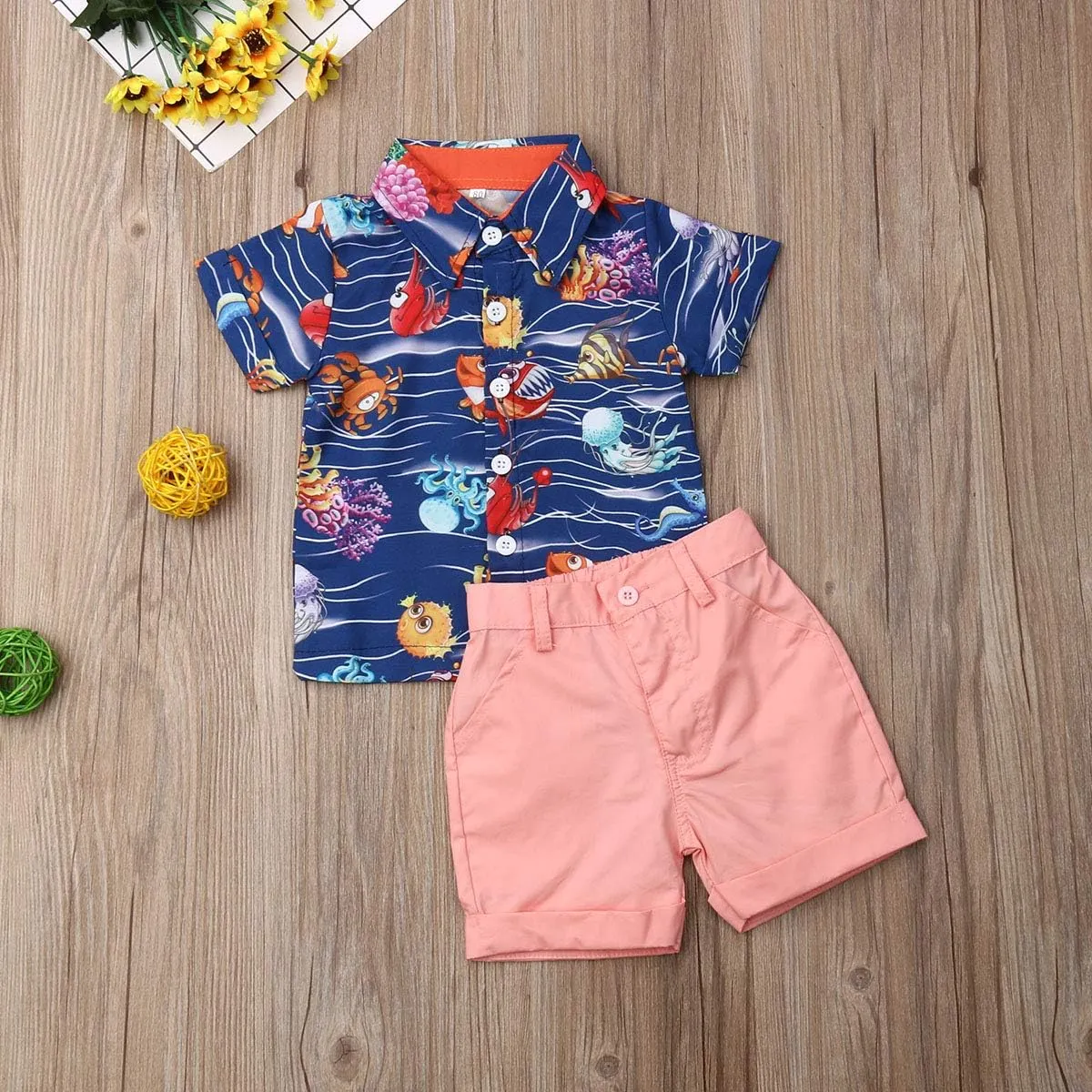 VISGOGO Toddler Baby Boy Flamingo Short Sleeve Button Down Shirt & Casual Shorts Set Summer Outfits 1-6 Years Clothes