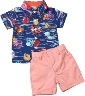 VISGOGO Toddler Baby Boy Flamingo Short Sleeve Button Down Shirt & Casual Shorts Set Summer Outfits 1-6 Years Clothes
