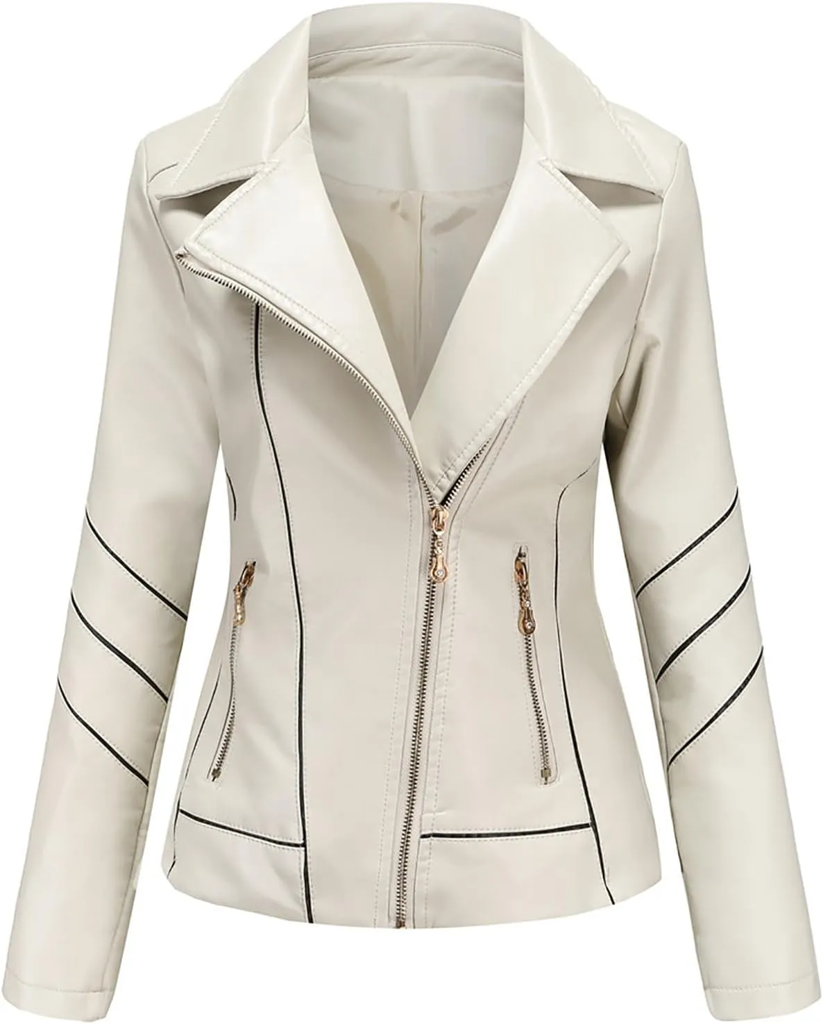 Women Faux Leather Bomber Jackets Full Zip Lapel Vintage Casual Moto Crop Coat Loose Long Sleeve Outerwear with Pockets