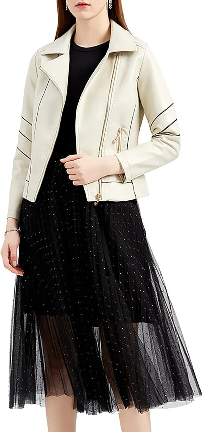 Women Faux Leather Bomber Jackets Full Zip Lapel Vintage Casual Moto Crop Coat Loose Long Sleeve Outerwear with Pockets