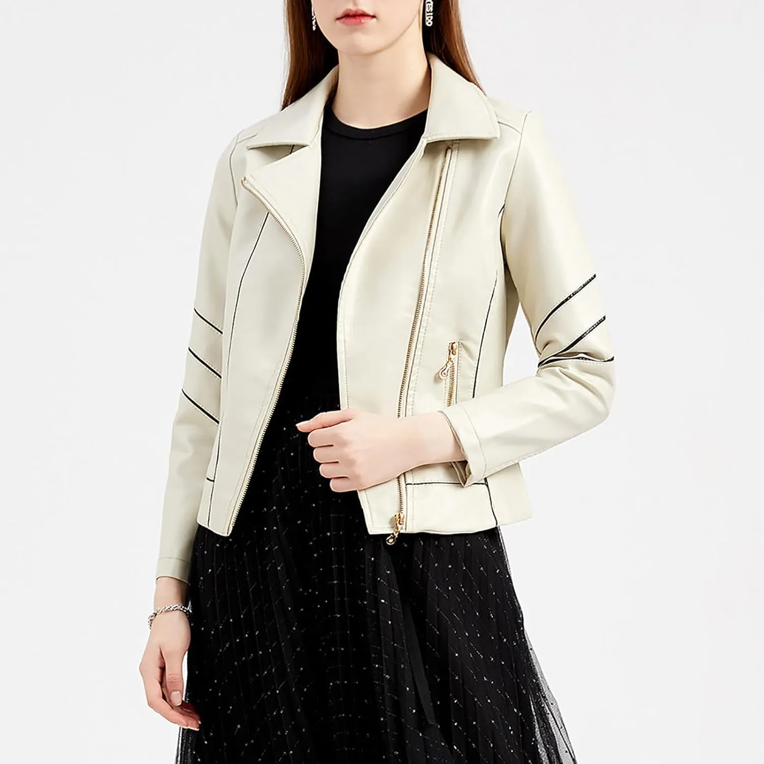 Women Faux Leather Bomber Jackets Full Zip Lapel Vintage Casual Moto Crop Coat Loose Long Sleeve Outerwear with Pockets