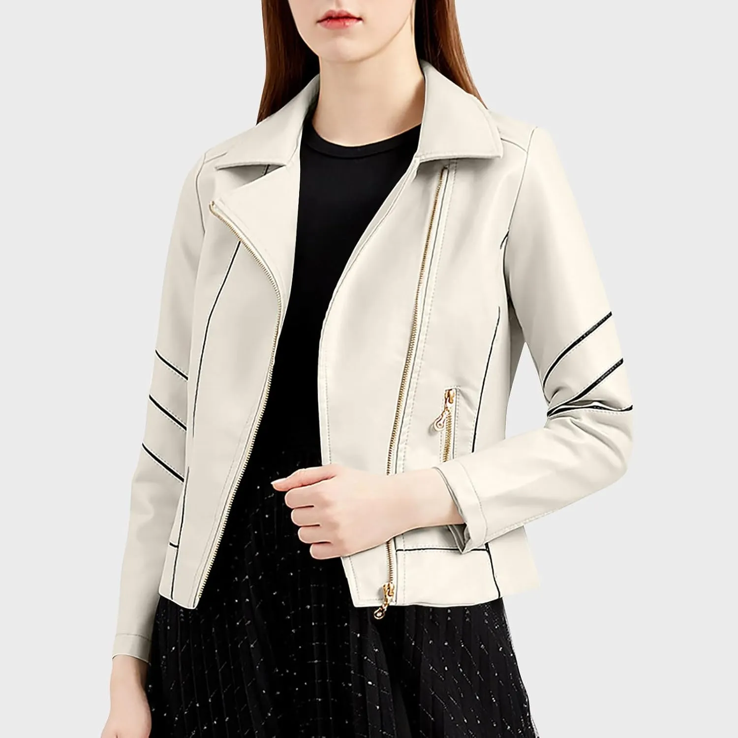 Women Faux Leather Bomber Jackets Full Zip Lapel Vintage Casual Moto Crop Coat Loose Long Sleeve Outerwear with Pockets