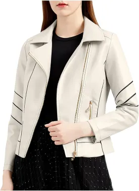 Women Faux Leather Bomber Jackets Full Zip Lapel Vintage Casual Moto Crop Coat Loose Long Sleeve Outerwear with Pockets