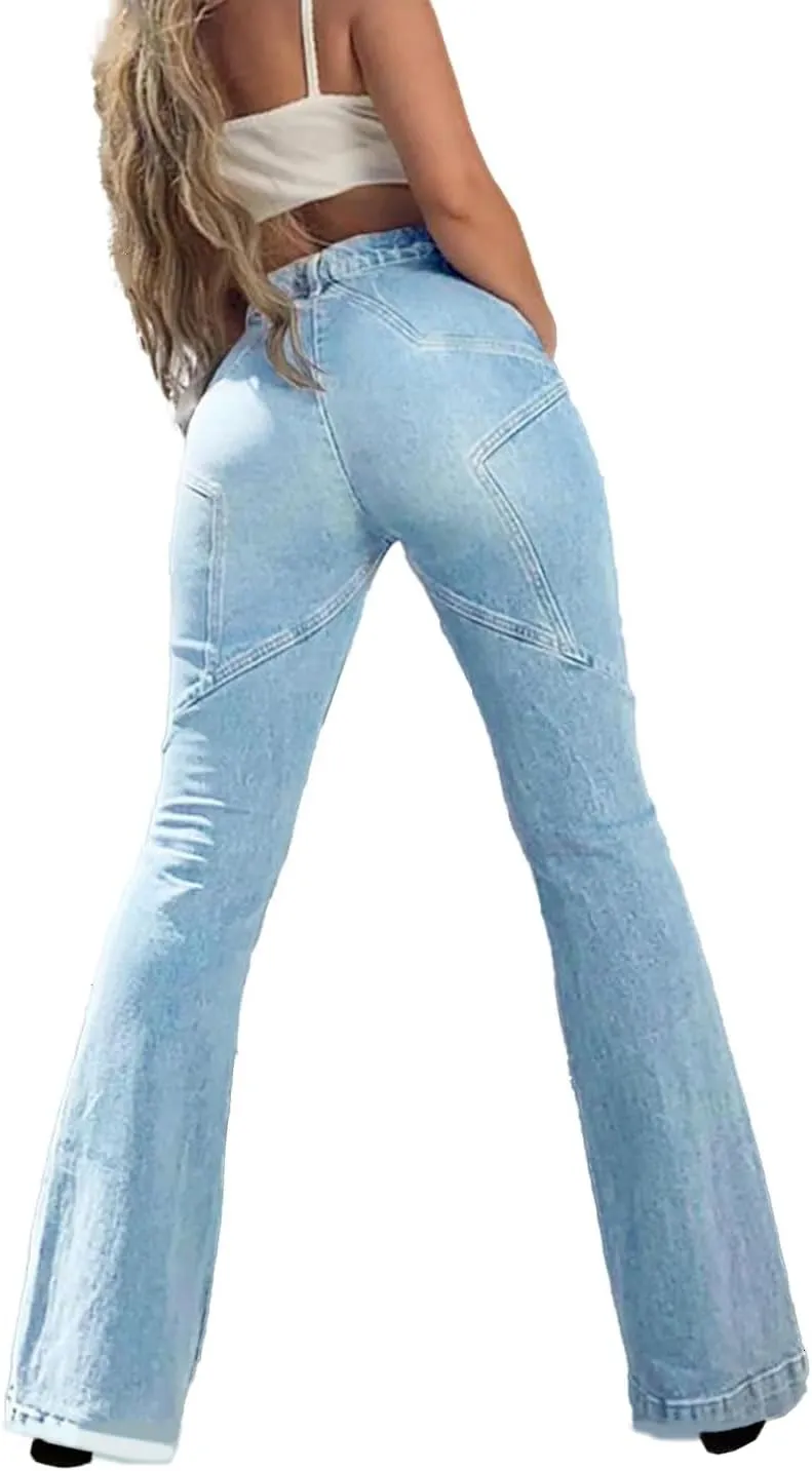 Women's Flare Bell Bottom Jeans Y2K Vintage Low Rise Stretch Bootcut Jeans Casual Wide Leg Denim Pants Streetwear
