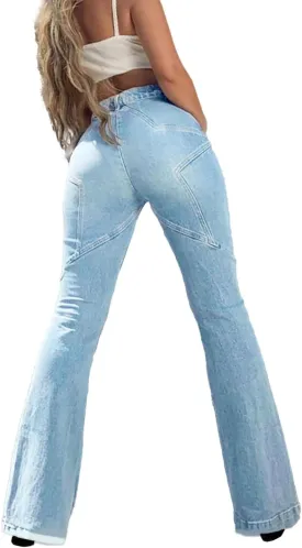Women's Flare Bell Bottom Jeans Y2K Vintage Low Rise Stretch Bootcut Jeans Casual Wide Leg Denim Pants Streetwear