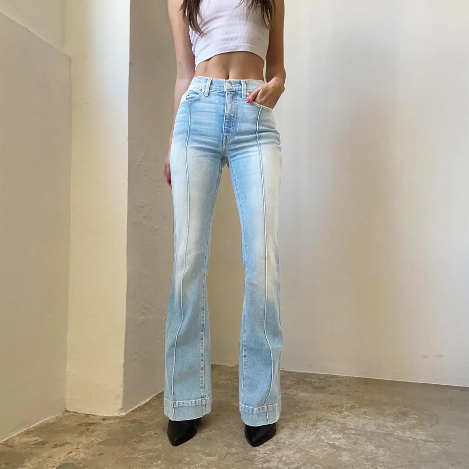 Women's Flare Bell Bottom Jeans Y2K Vintage Low Rise Stretch Bootcut Jeans Casual Wide Leg Denim Pants Streetwear