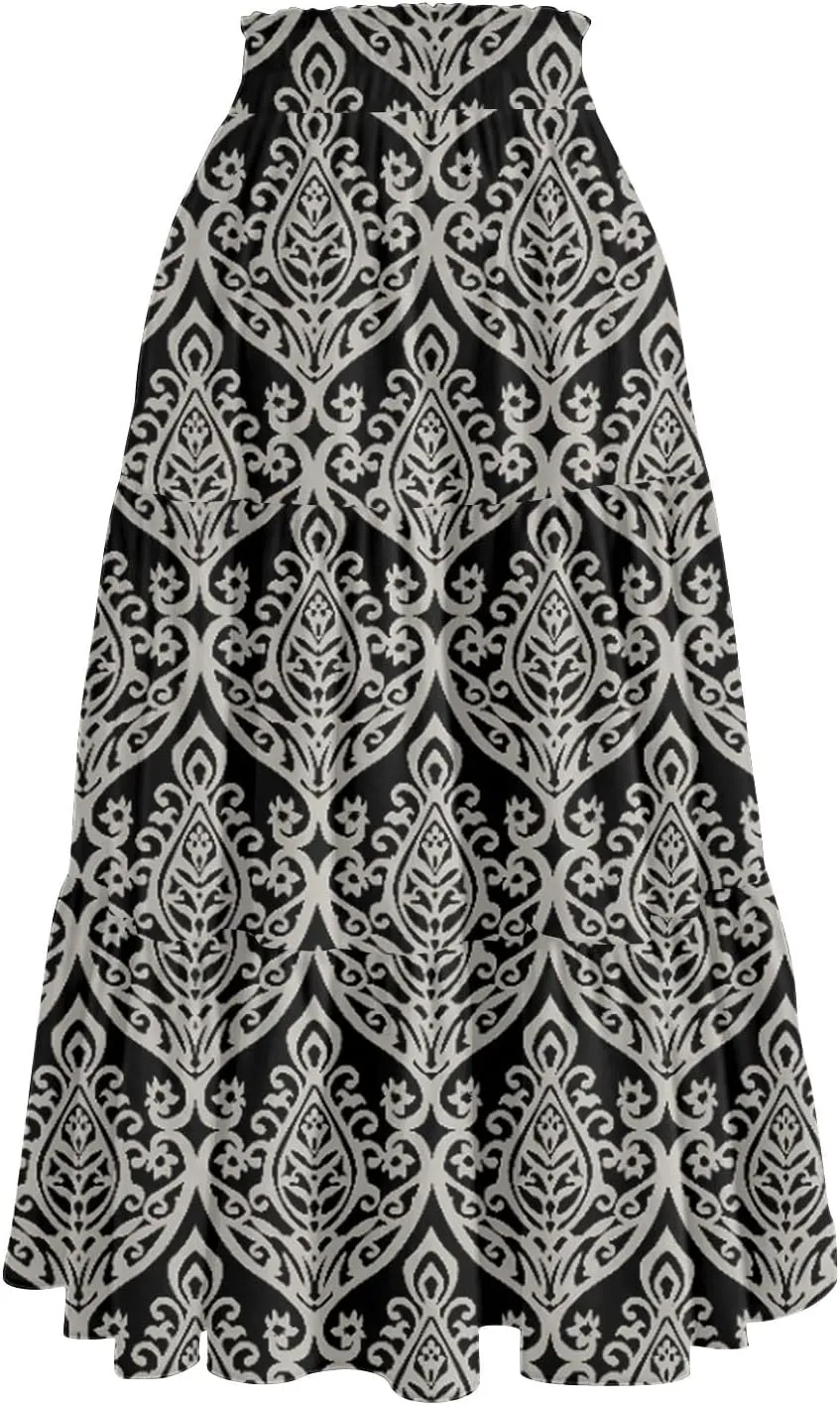 Women's Flowy Midi Skirt Pleated High Elastic Waisted Casual Vacation Resort Long Skirts with Pockets, S-2XL