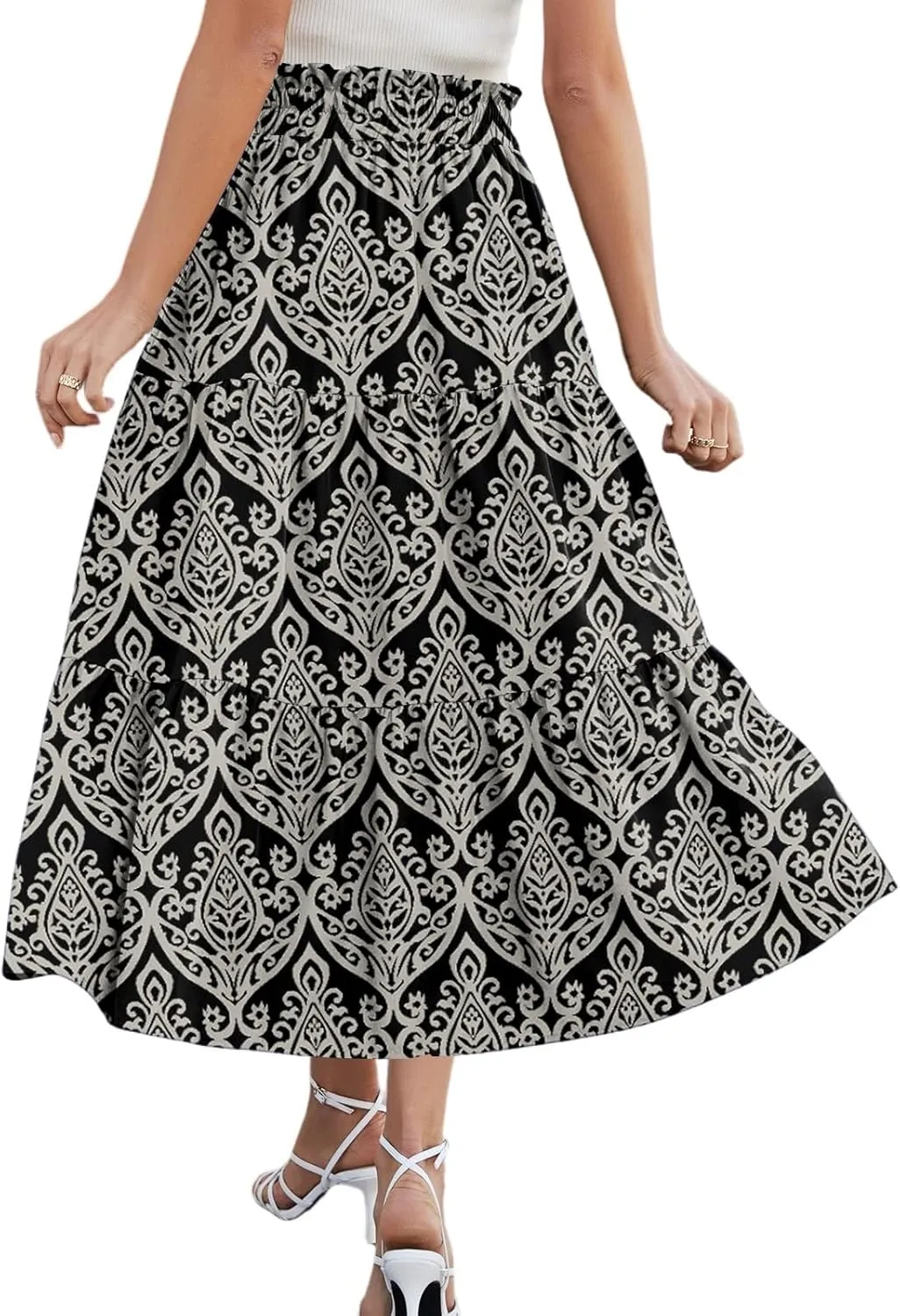 Women's Flowy Midi Skirt Pleated High Elastic Waisted Casual Vacation Resort Long Skirts with Pockets, S-2XL