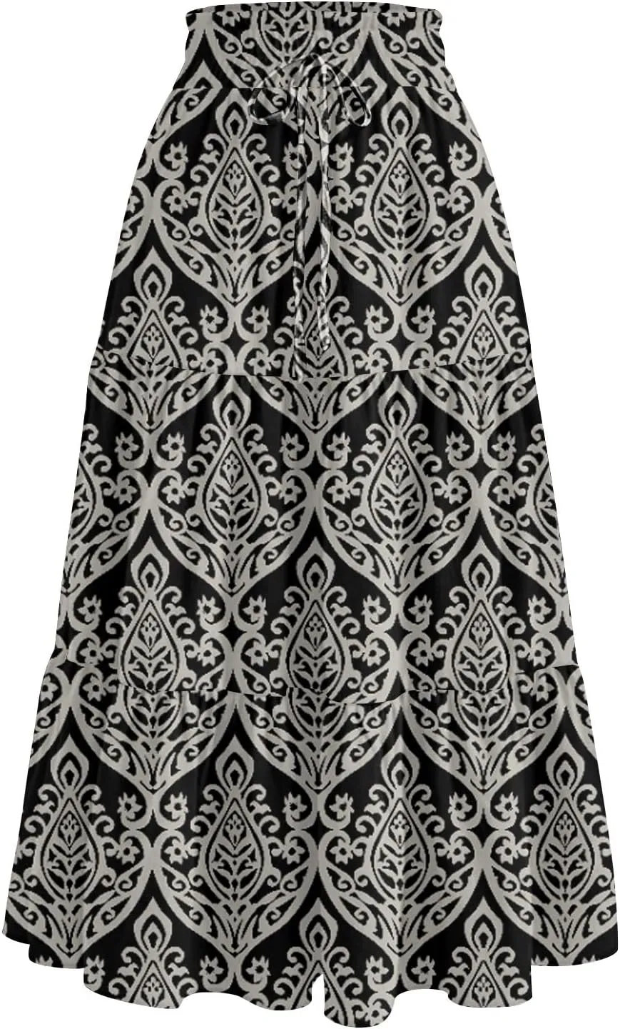 Women's Flowy Midi Skirt Pleated High Elastic Waisted Casual Vacation Resort Long Skirts with Pockets, S-2XL