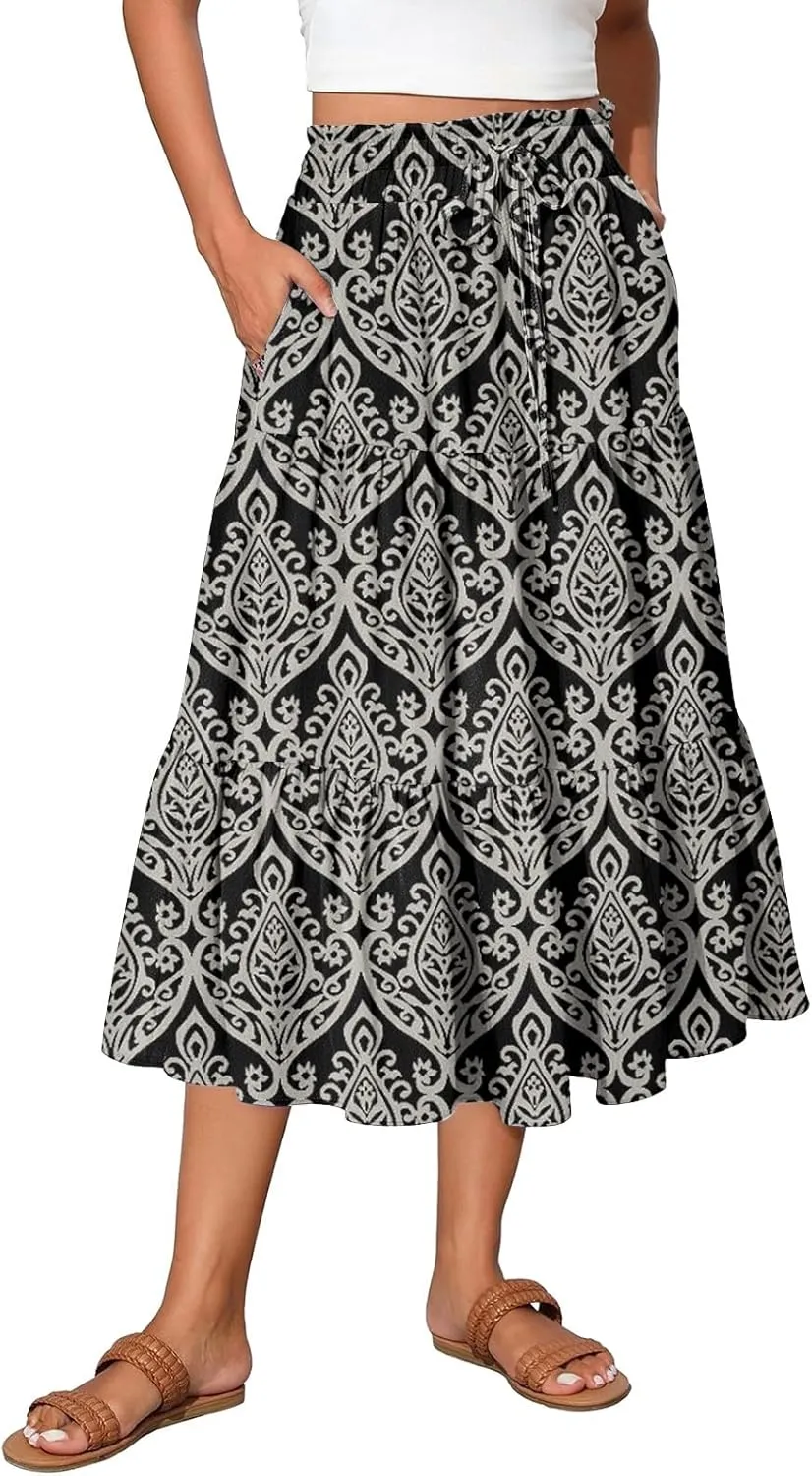 Women's Flowy Midi Skirt Pleated High Elastic Waisted Casual Vacation Resort Long Skirts with Pockets, S-2XL