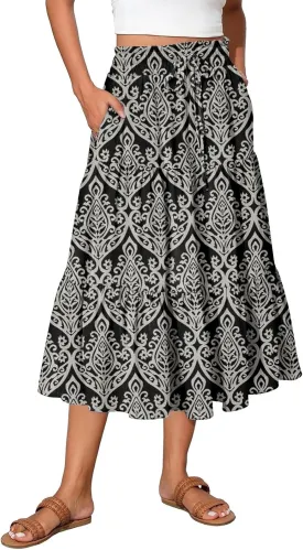 Women's Flowy Midi Skirt Pleated High Elastic Waisted Casual Vacation Resort Long Skirts with Pockets, S-2XL