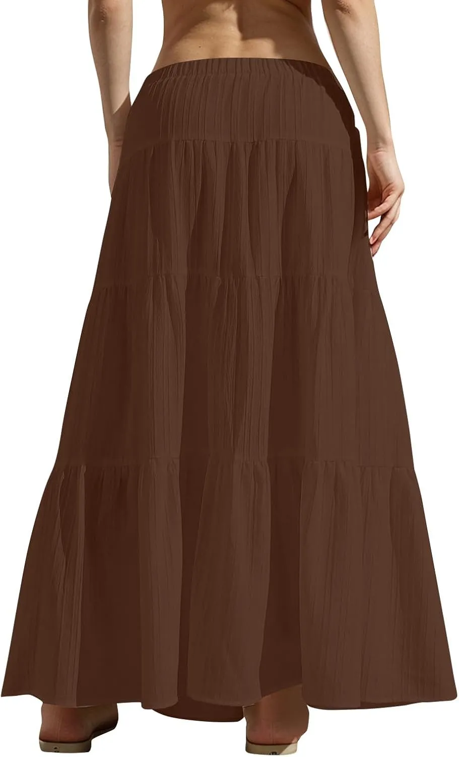 Womens Flowy Pleated Maxi Skirts Summer Casual Boho Beach Vacation Elastic Waist Lace-Up Tiered A-Line Swing Skirts