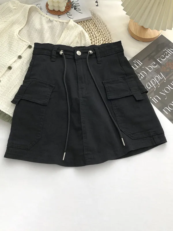 Women's High Waist Denim Skirt with Drawstring in 2 Colors Sizes 2-14