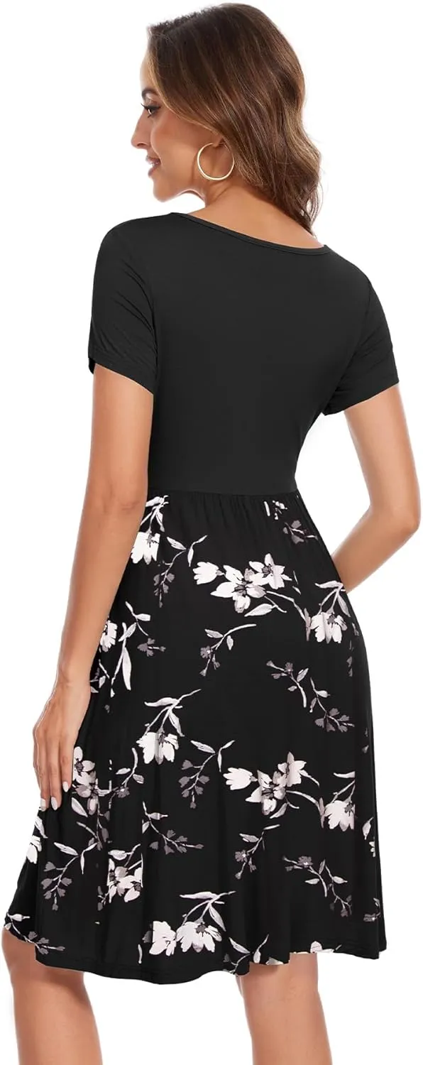 Women's Short Sleeve Maternity Dress Patchwork Pregnancy Clothes with Pockets