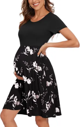 Women's Short Sleeve Maternity Dress Patchwork Pregnancy Clothes with Pockets