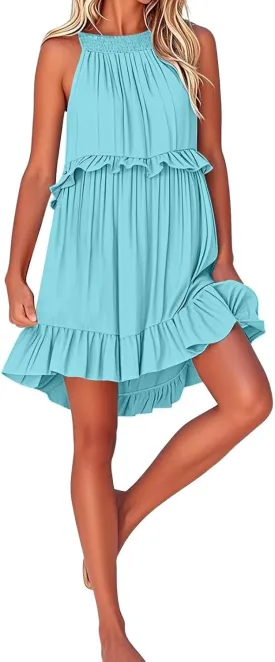 Women's Summer Dresses 2025 Sleeveless Halter Ruffle Hem Mini Short Dress A-Line Flowy Boho Beach Vacation Sundress