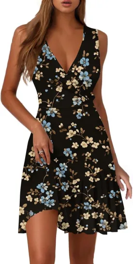 Womens Summer Dresses 2025 Sleeveless V-Neck Wrap Dress with Ruffled Hem Graphic Print Waist Sundress