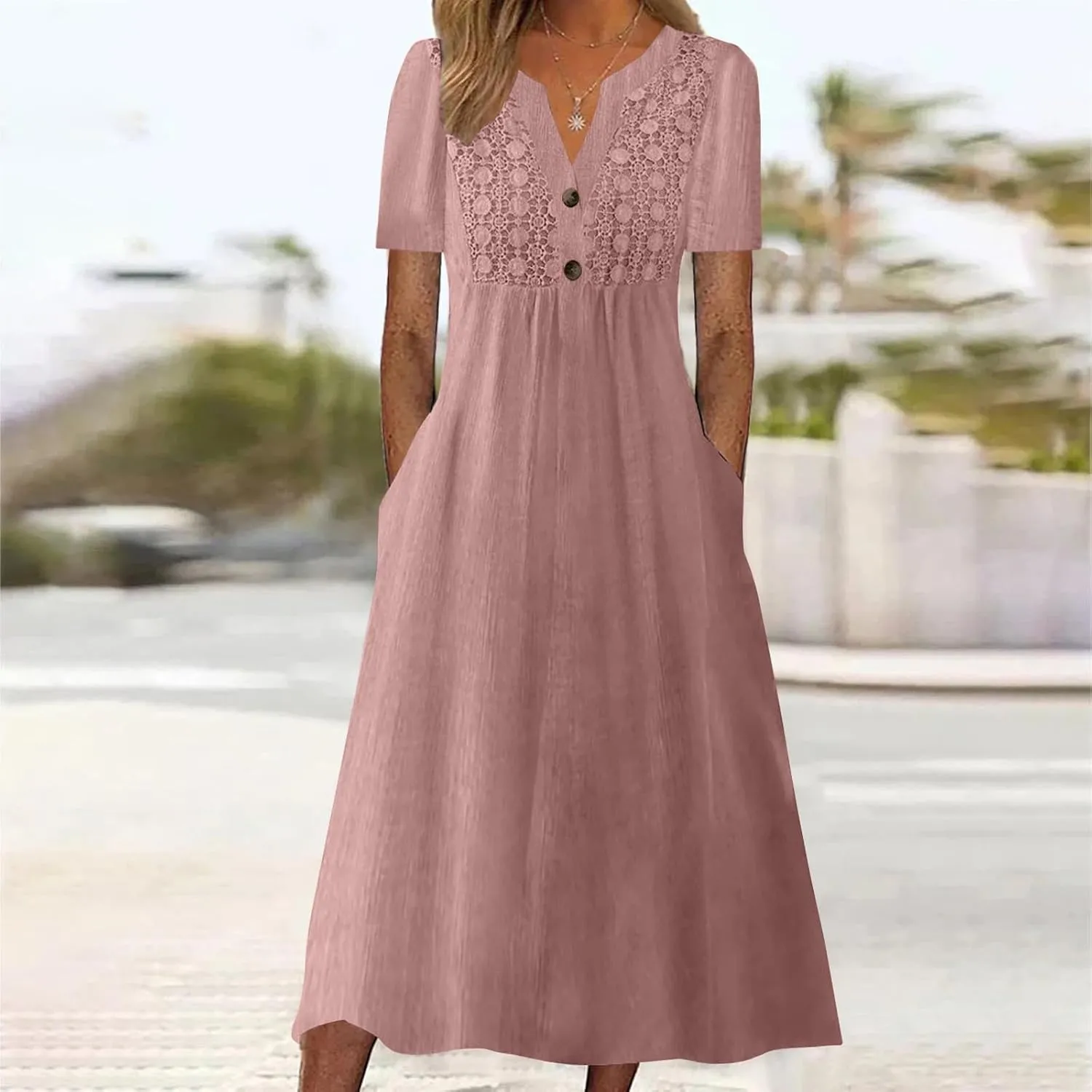 Women's Summer Petite Dress Casual Eyelet Hollow Out Short Sleeve Button V Neck A-line Dress Maxi Dress with Pockets