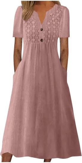 Women's Summer Petite Dress Casual Eyelet Hollow Out Short Sleeve Button V Neck A-line Dress Maxi Dress with Pockets