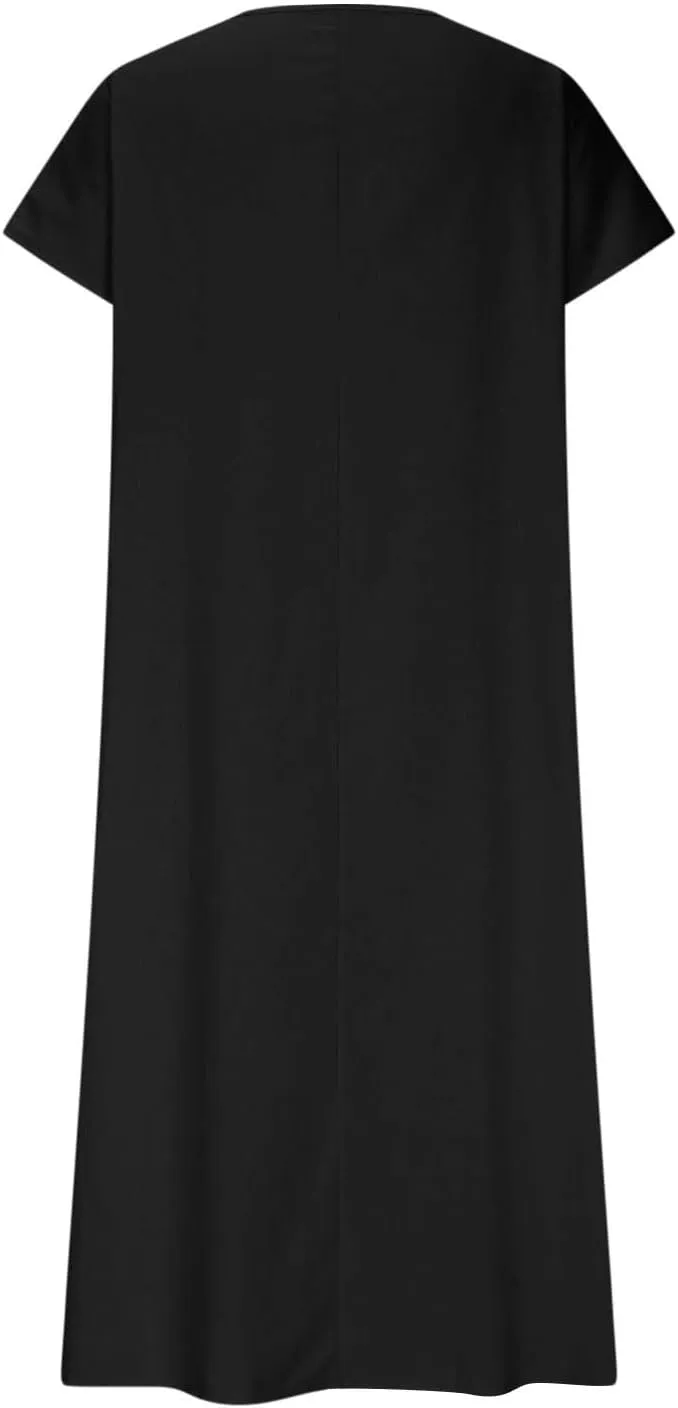 Womens Summer V Neck Solid Color Linen Loose Fit Sundress Fashion Short Sleeve Flowy Vacation Beach Maxi Dress