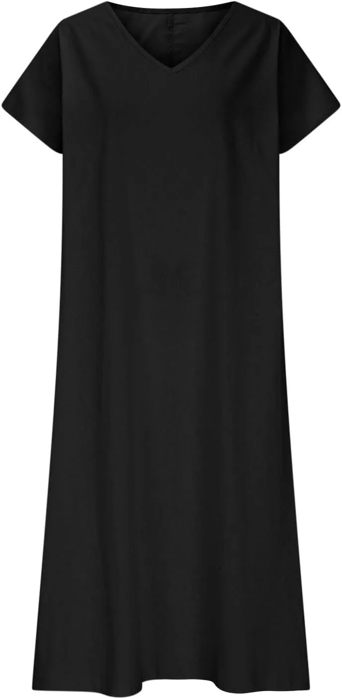 Womens Summer V Neck Solid Color Linen Loose Fit Sundress Fashion Short Sleeve Flowy Vacation Beach Maxi Dress