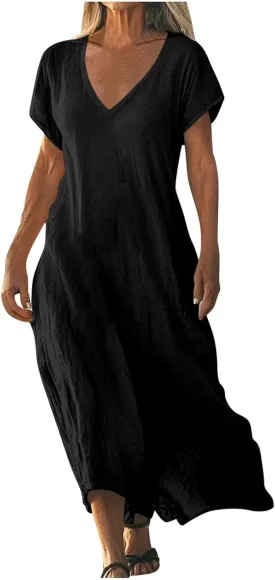 Womens Summer V Neck Solid Color Linen Loose Fit Sundress Fashion Short Sleeve Flowy Vacation Beach Maxi Dress Womens Summer V Neck Solid Color Linen Loose Fit Sundress Fashion Short Sleeve Flowy Vacation Beach Maxi Dress