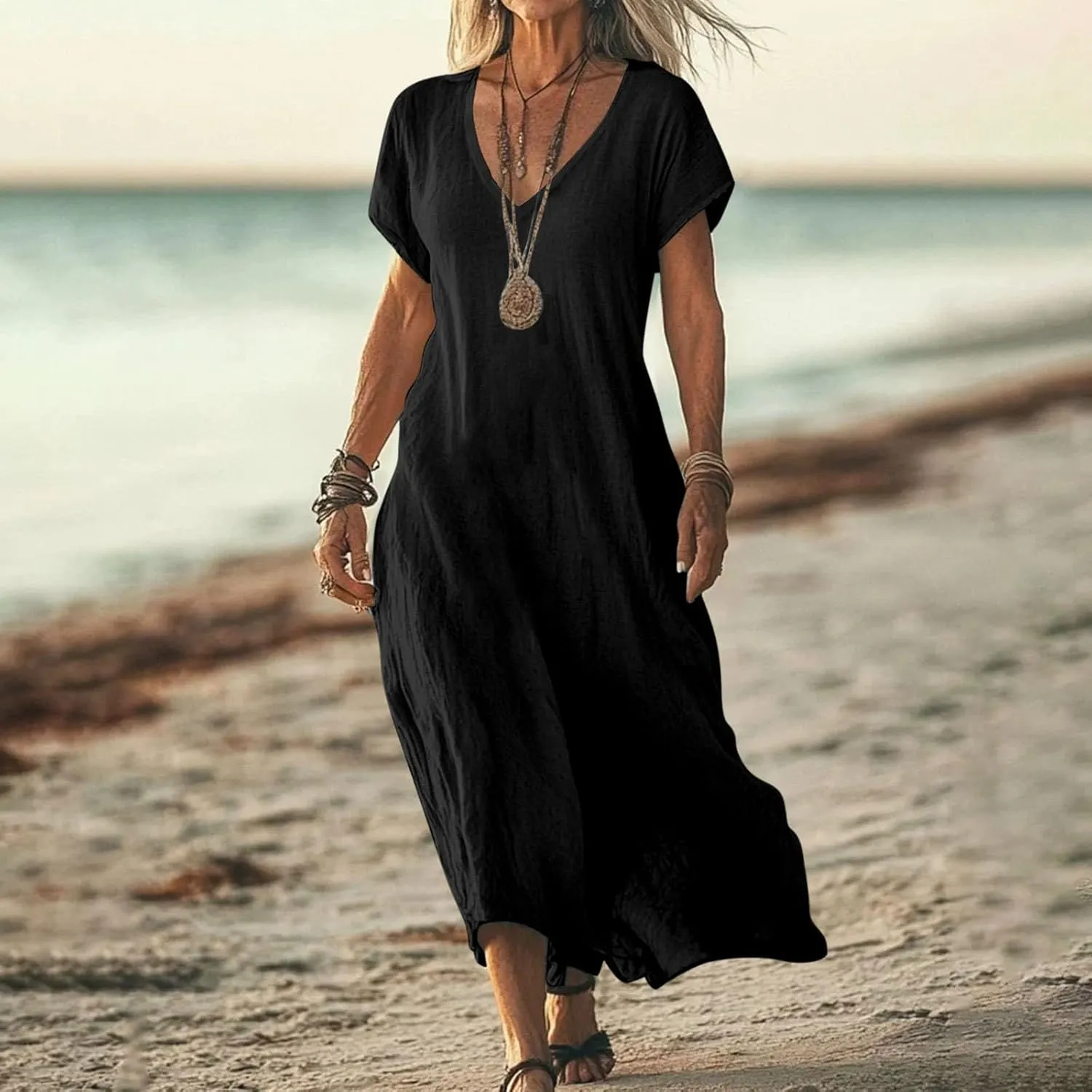 Womens Summer V Neck Solid Color Linen Loose Fit Sundress Fashion Short Sleeve Flowy Vacation Beach Maxi Dress