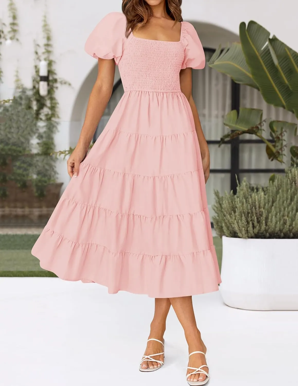 ZESICA Women's 2025 Summer Square Neck Short Puff Sleeve Solid Color High Waist Casual Smocked Flowy A Line Tiered Midi Dress